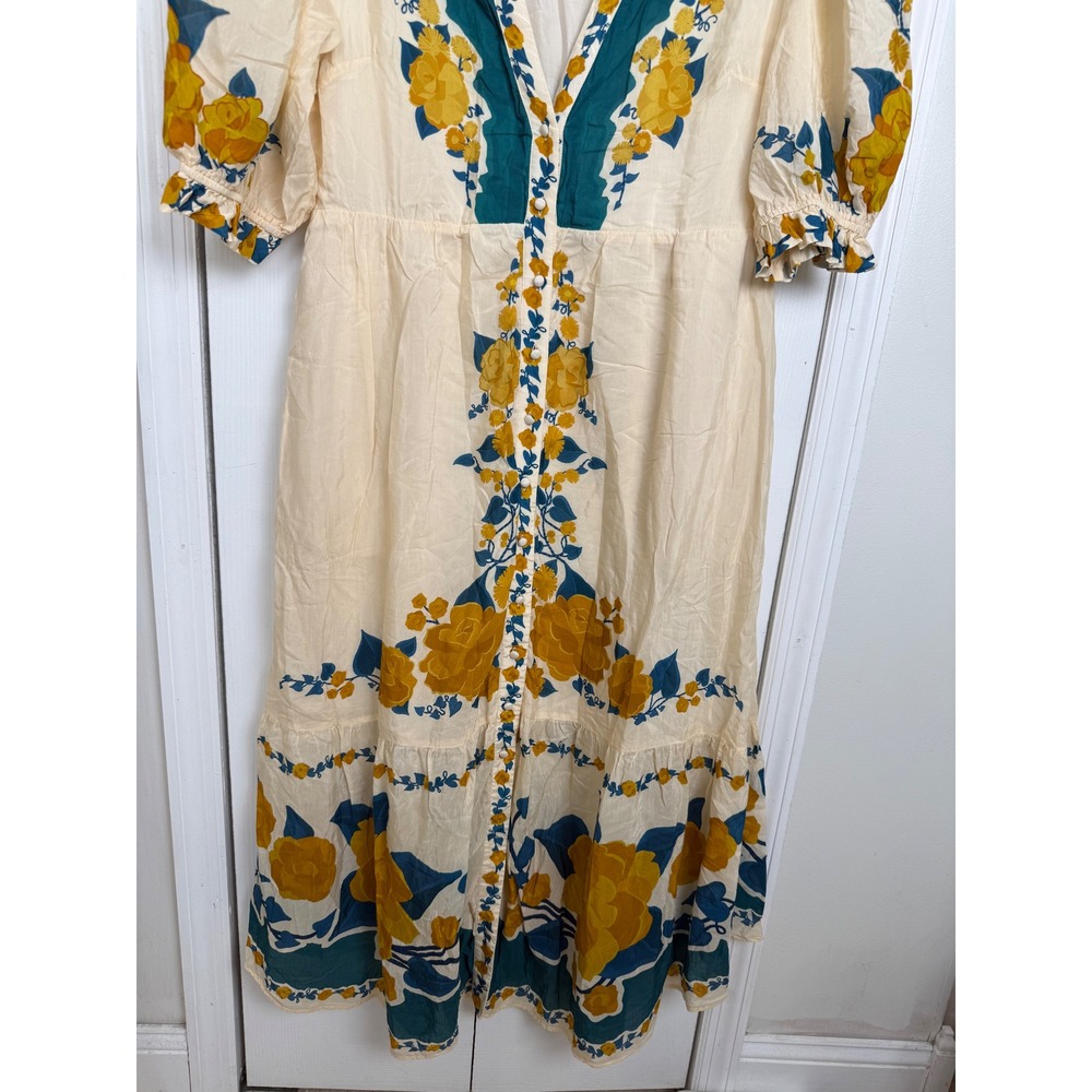 FARM Rio Anthropologie Floral Midi Dress XL Button Front Puff Sleeve Viscose - Picture 5 of 14